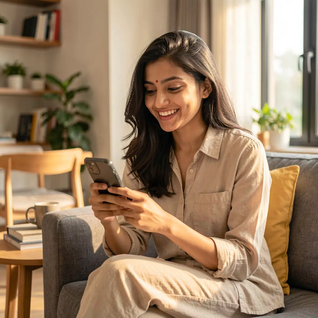 KASH777 App – Enjoy a seamless and user friendly mobile casino experience in Bangladesh Happy Bangladeshi woman smiling while browsing casino games on the KASH777 mobile app in a warm and modern indoor setting