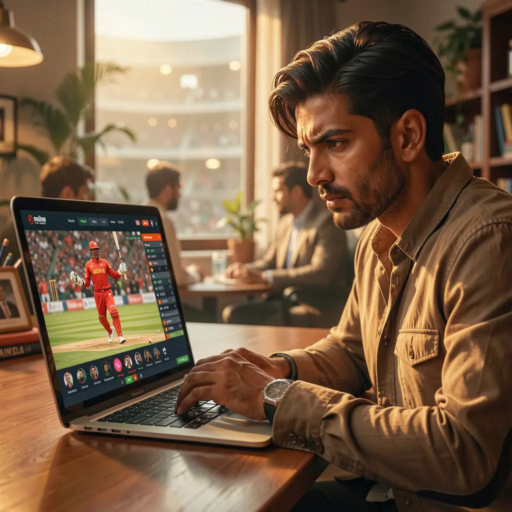 Focused Bangladeshi sports bettor analyzing live cricket odds and statistics on a laptop using the KASH777 betting platform