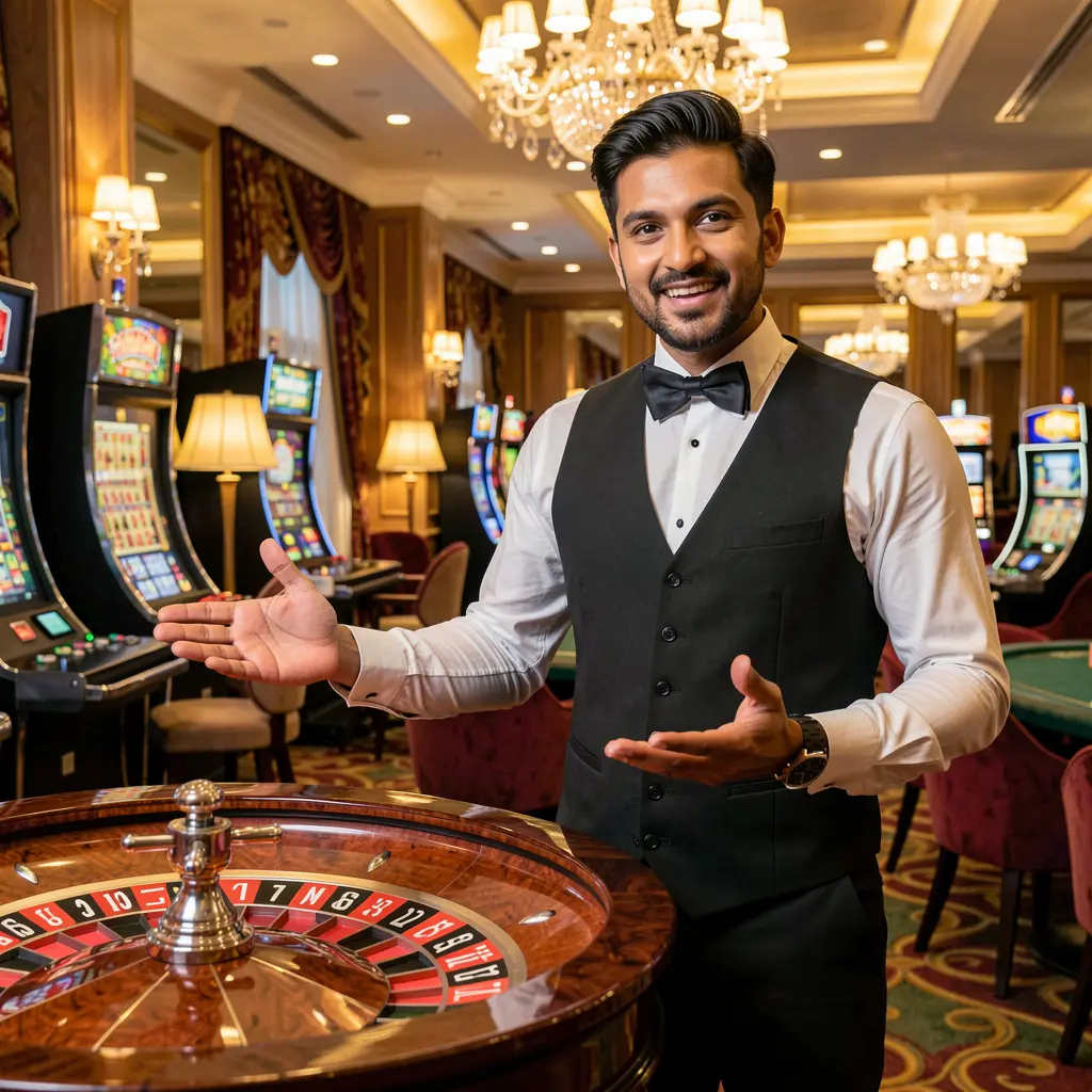Elegant live casino dealer standing by a roulette wheel in a luxurious studio atmosphere representing the premium live gaming experience at KASH777 in Bangladesh