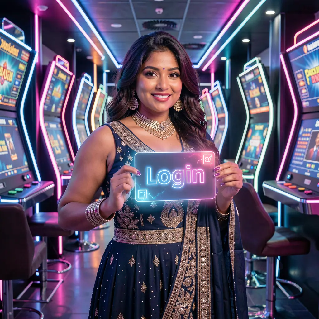 Stylish Bangladeshi woman holding a glowing login card in a neon casino environment representing secure access at KASH777