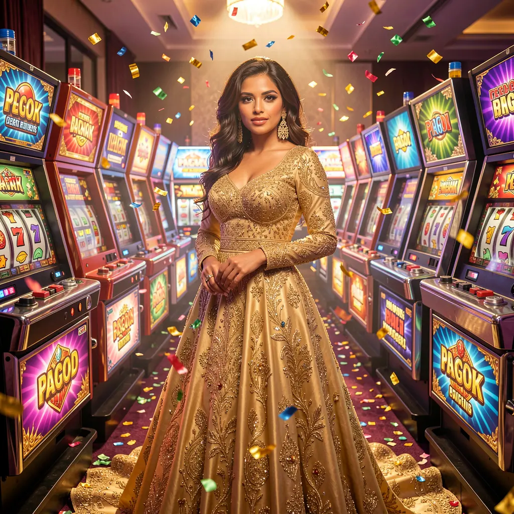 KASH777 – Step into a world of premium slot entertainment in Bangladesh Glamorous casino scene with a confident woman in a gold dress surrounded by glowing slot machines representing premium entertainment at KASH777 for players in Bangladesh